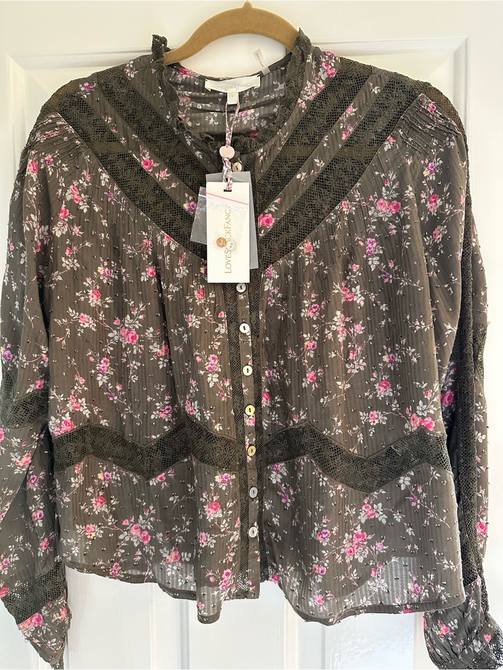 NWT- Loveshackfancy Floral Ravelle Button-Front Lace Trim Blouse- size small - Picture 5 of 8